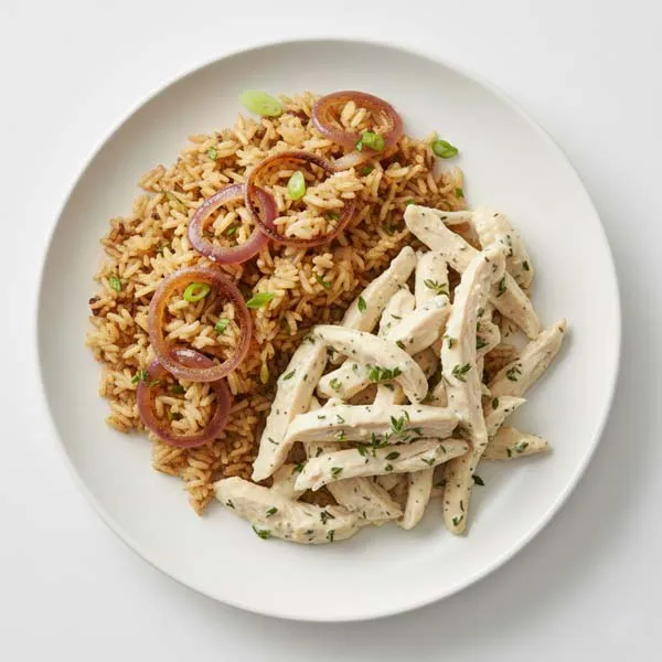 Velvety Herb Chicken With Aromatic Onion Pilaf